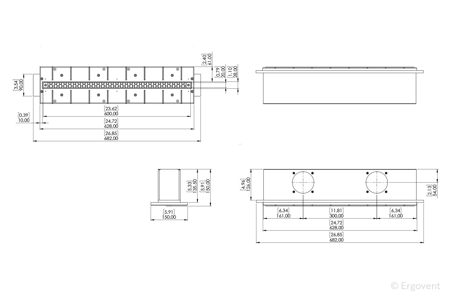 ERGOVENT LINEO PROFILE VERTICAL 600/75 – rozměry