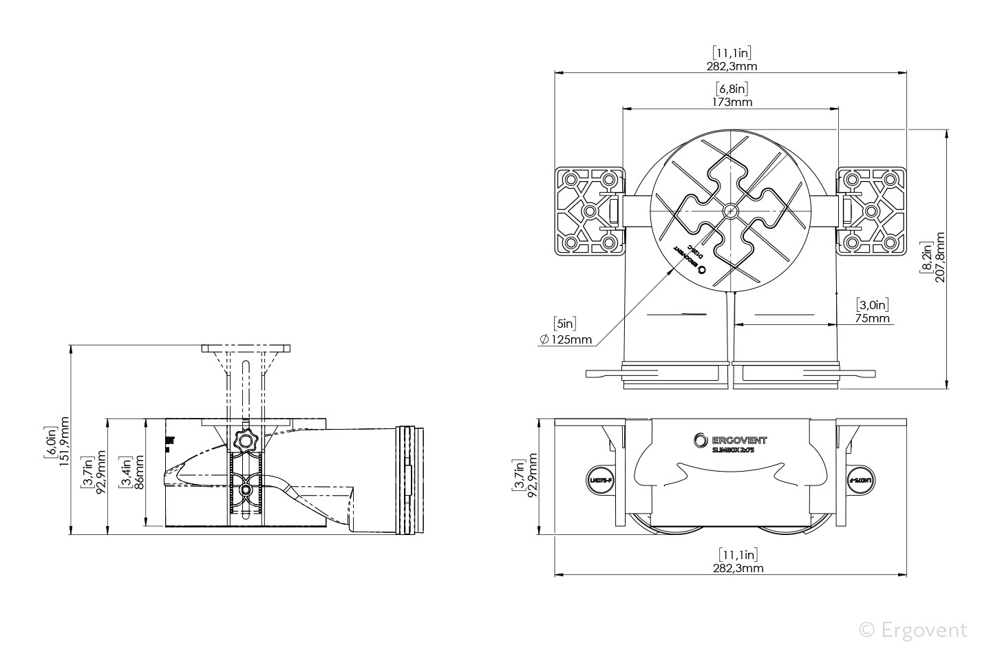 Rozměrový nákres ERGOVENT AERO PRO (výška 140–200 mm, 2× Ø 75 mm, výstup Ø 125 mm)