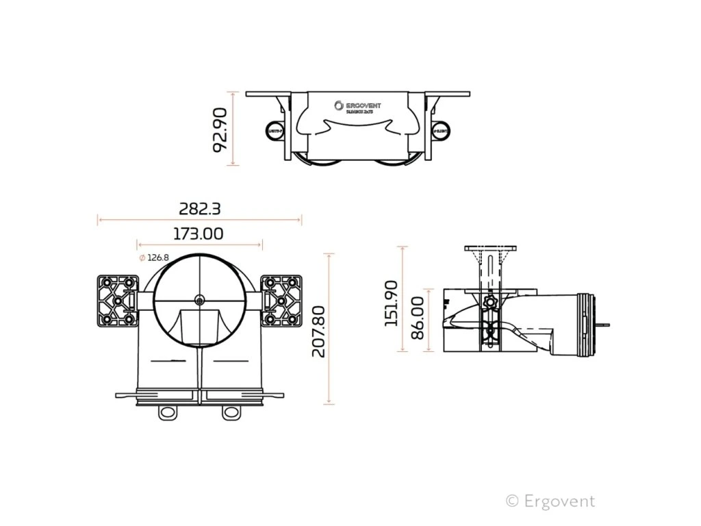 Rozměrový nákres ERGOVENT AERO PRO (výška 140–200 mm, 2× Ø75 mm, výstup Ø125 mm)